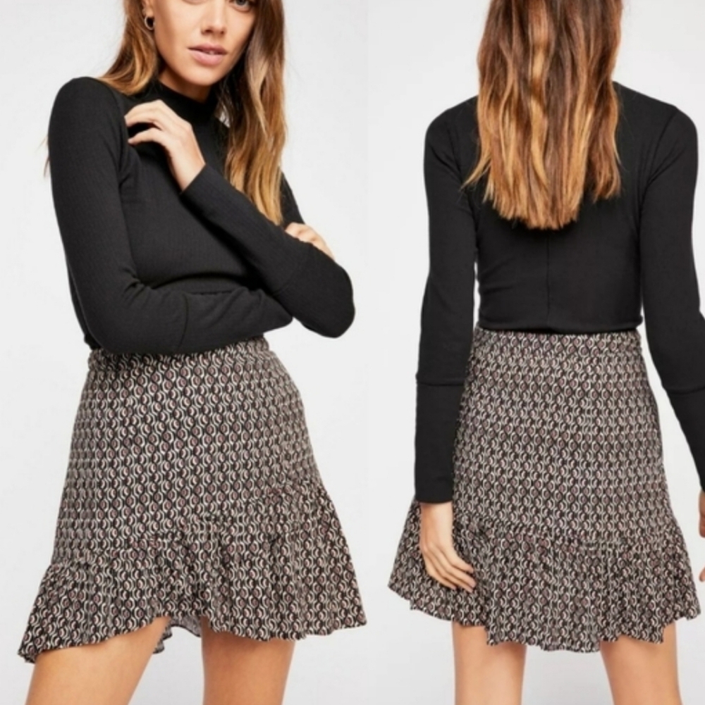 Free People Black & Cream Printed Ruffle Hem Mini Skirt